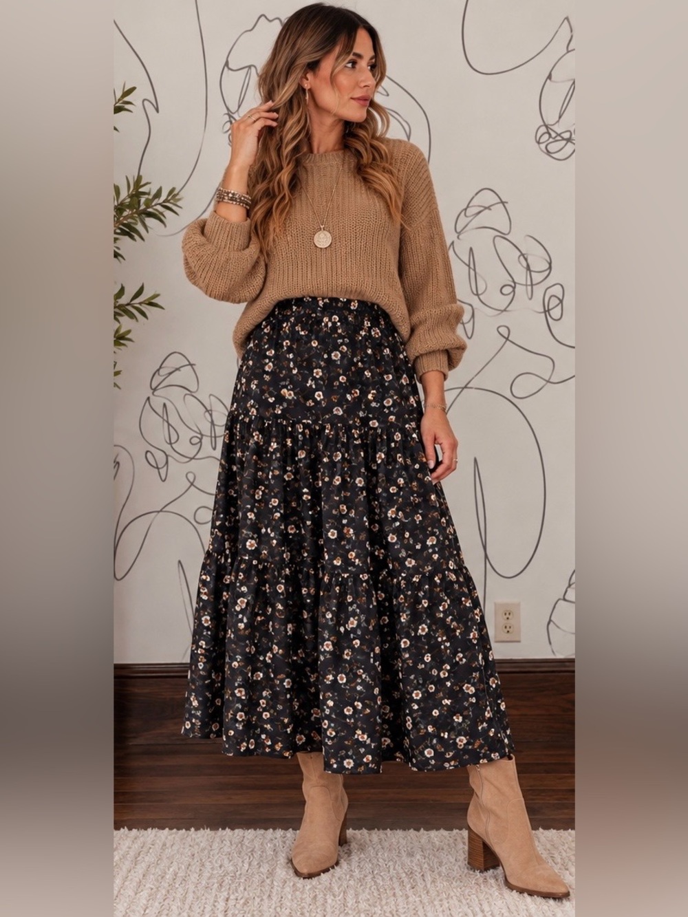 Les Amis-Bohemian Tiered Black Floral Maxi Skirt various sizes
